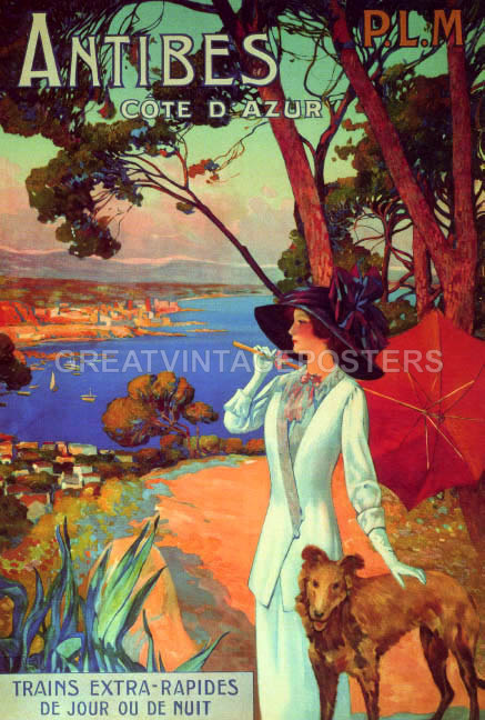 french riviera antibes cote d"azur dog umbrella vintage poster