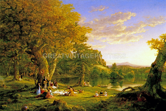 THE PICNIC FAMILY OUTDOOR MEAL LAKE LANDSCAPE PAINTING BY THOMAS COLE ...